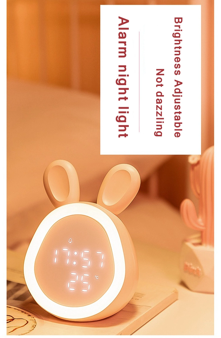 Rechargeable Table Baby Rabbit Lamp Silicone Temperature Alarm Clock Bedside Animal Night Light